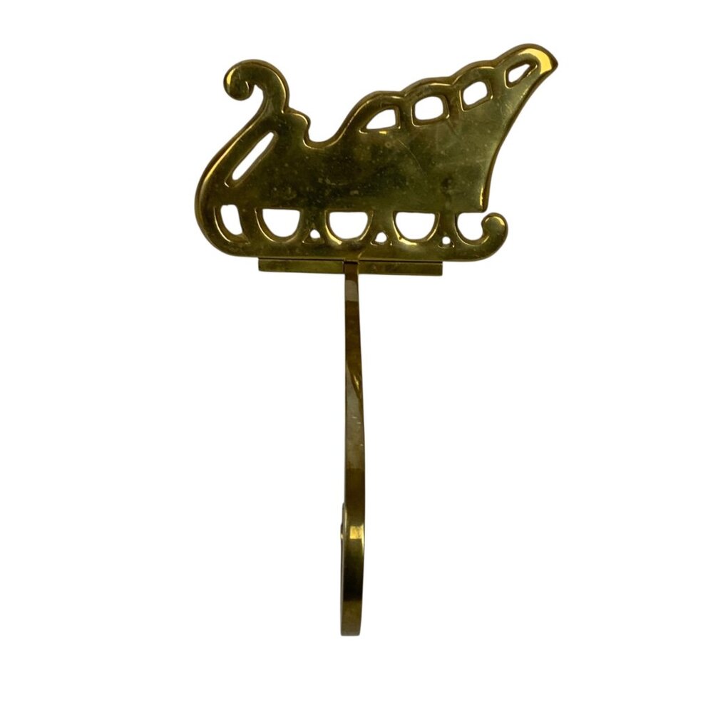 Vintage Solid Brass Santa Sleigh Stocking Holder Mantle Hanger Holiday Decor